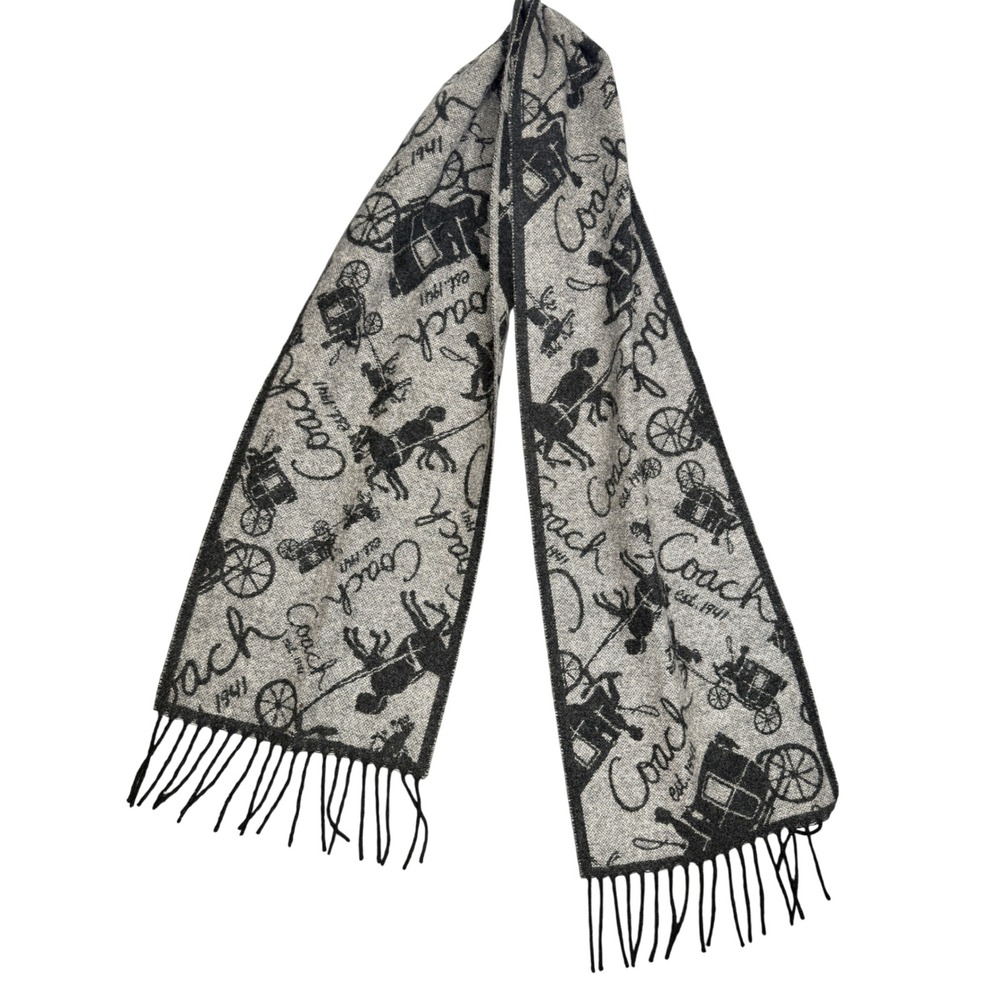 Coach Horse and Carriage Scarf Grey Black Wool Cashmere Blend Reversible Fringe